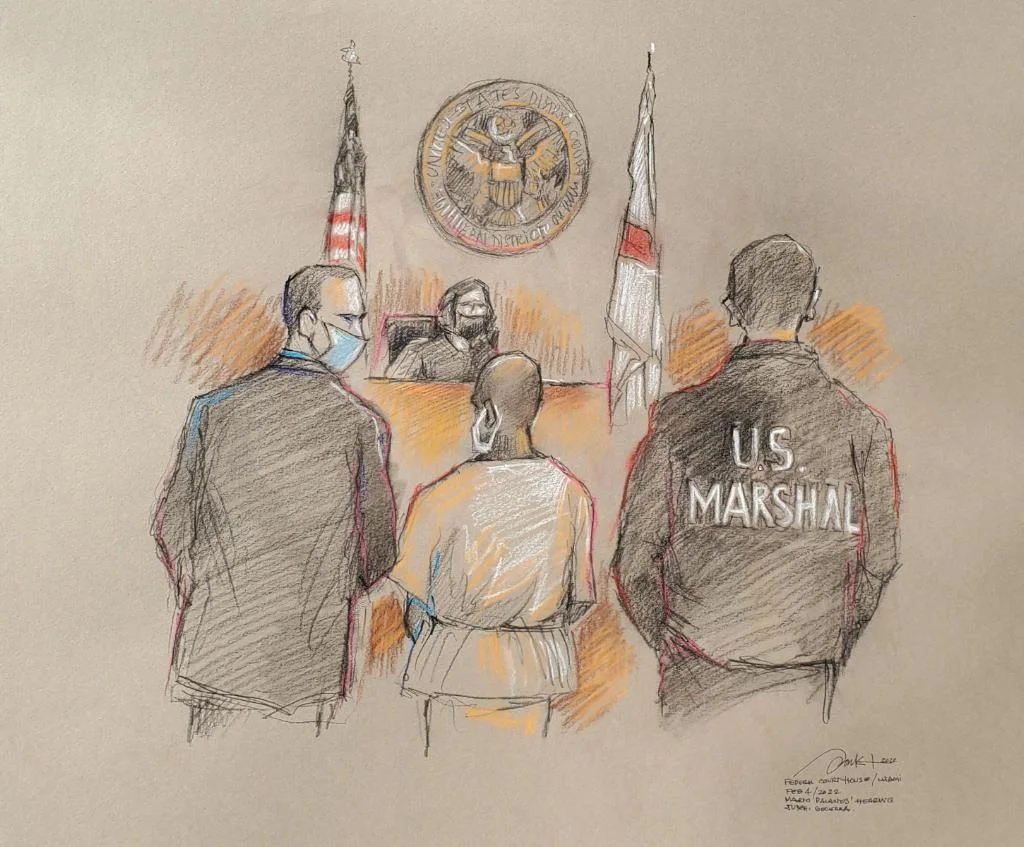 Ilustración de una comparecencia en un tribunal federal de Miami